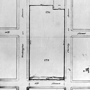 A map showing 482 feet of land on Washington Avenue and 462 feet along Lucas Avenue (then known as Christy Avenue), owned by 软妹社. The width of the property was 225 feet on Ninth Street.